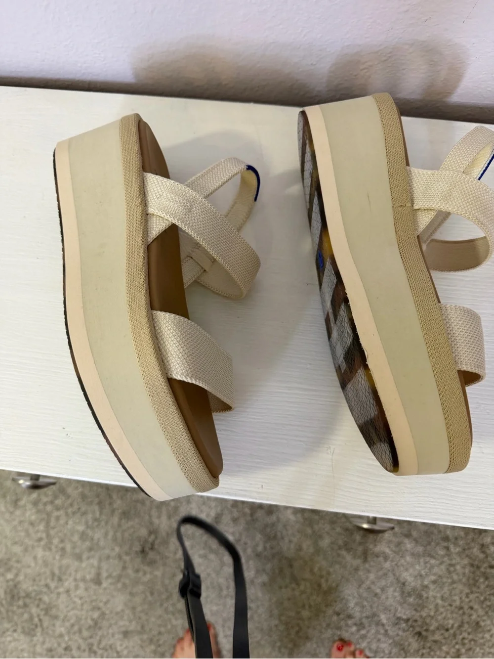 Rothy's Cream Platform Sandals with Tan Footbed
